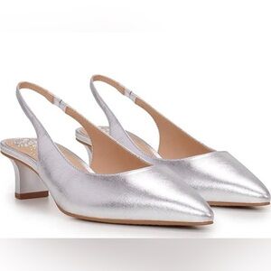 Vince Camuto Pilar Slingback Kitten Heel Silver Metallic Nappa Size 6 NIB